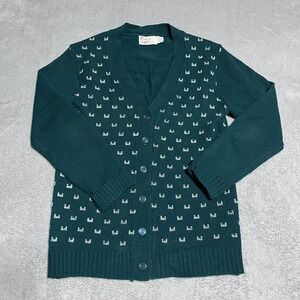 Vintage 70s Kimlon Sweater Womens Medium Green Button Down Cardigan Academia